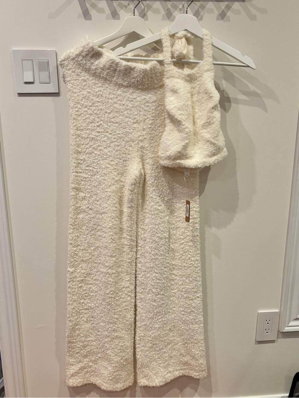 SKIMS Cream Textured Wide-Leg Pants with Matching Halter Top
